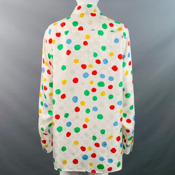Size M White Multi Color Silk Monogram Dots Button Up Shirt - Picture 4 of 7